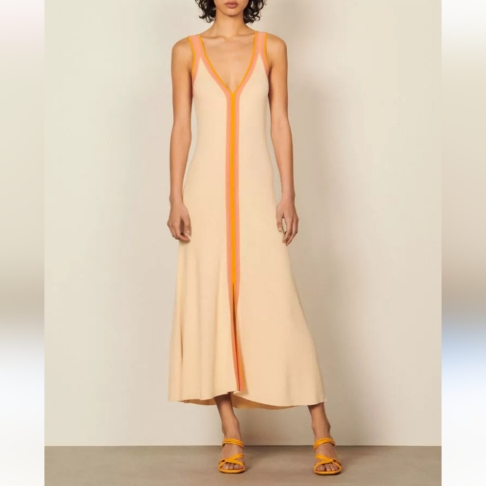 Sandro Piana V Neck Ribbed Midi Dress Ecru Orange Boarder Stripe 42